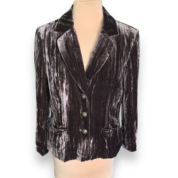 Vintage Tesori Blazer Jacket Crushed Brown Velvet Gold Metallic Button Tailored
